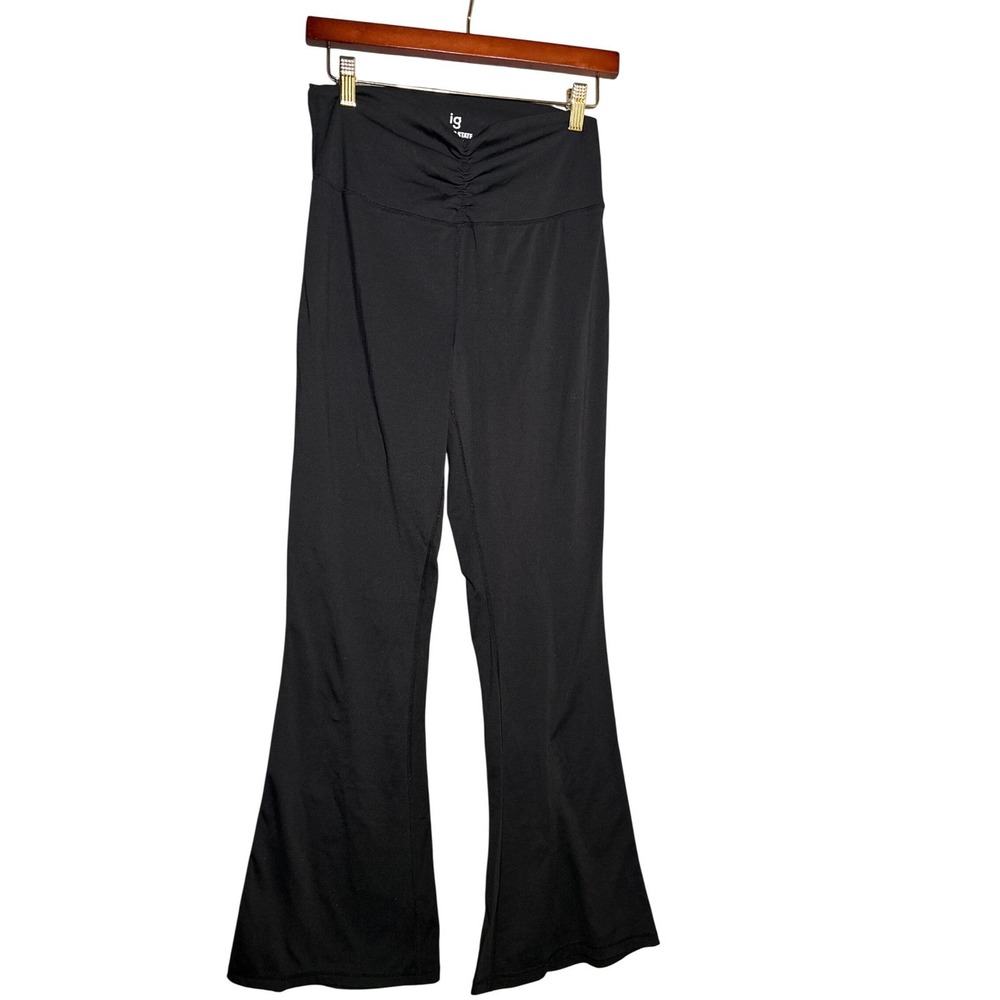 In Good State Womens L Black Ruched V-Front Flare Yoga Pants Athleisure Active